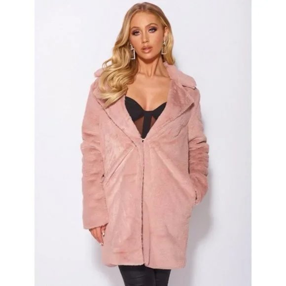 Pink Faux Fur Long Sleeve Lapel Collar Loose Fit Oversized Coat - Picture 4 of 17